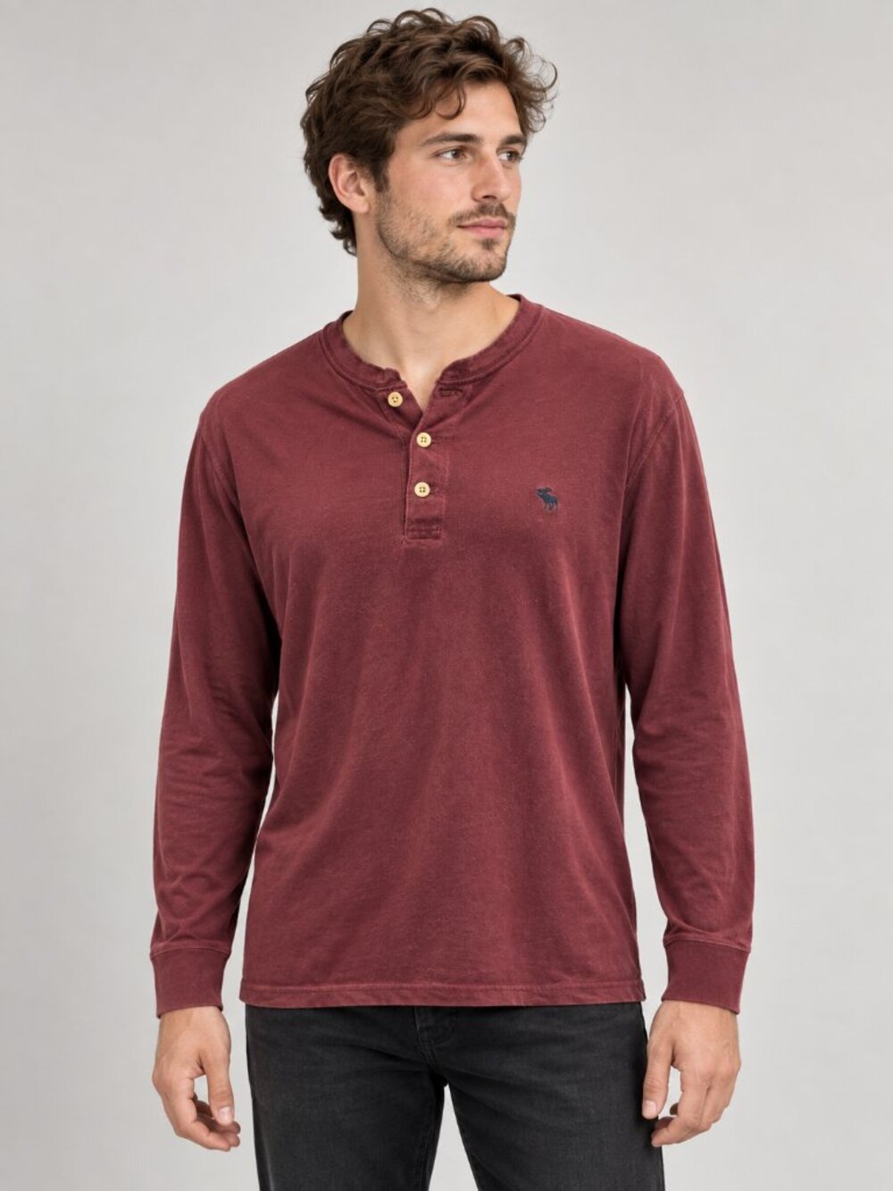 Abercrombie & Fitch Burgundy Long Sleeve Henley Shirt Men's L Moose Logo